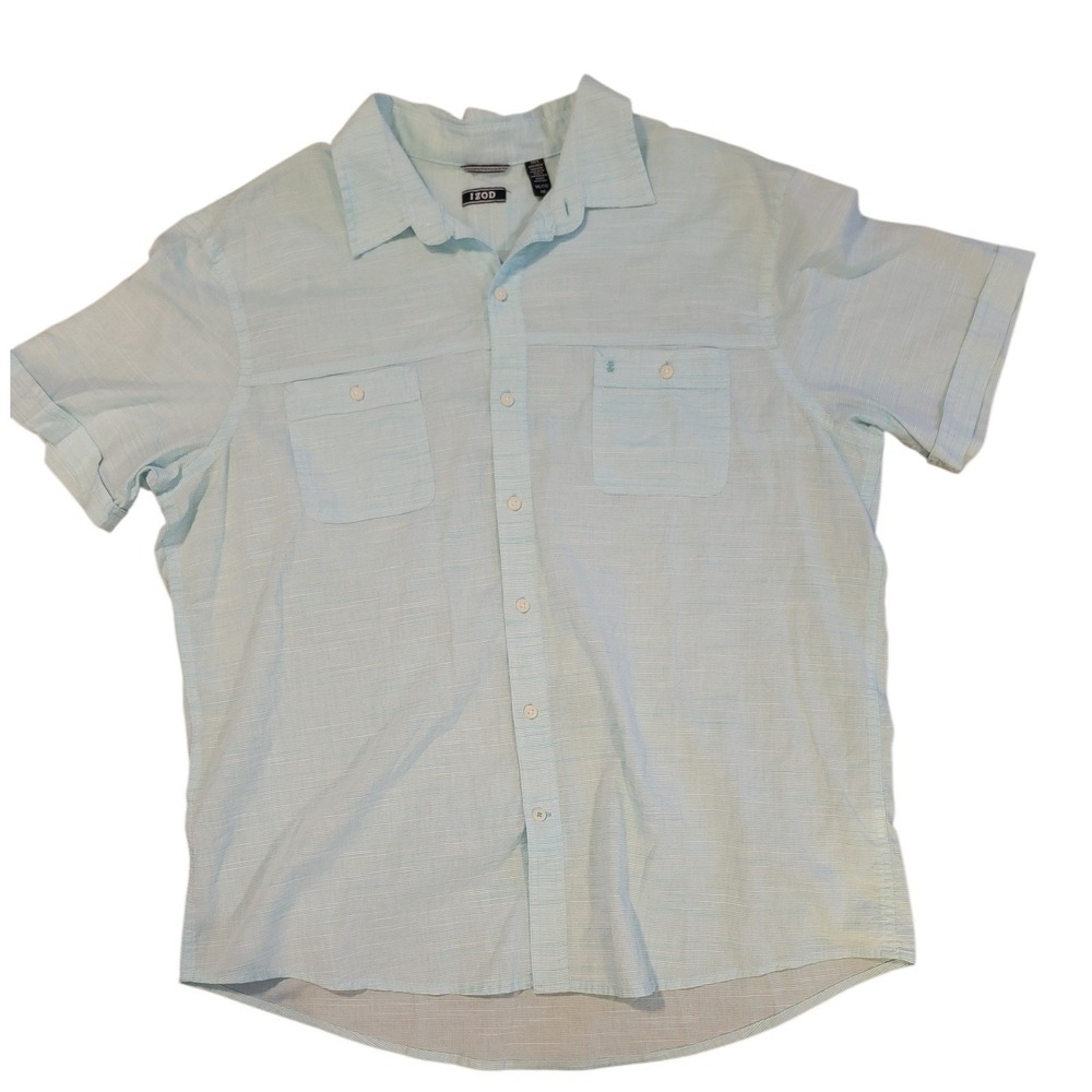 IZOD Saltwater‎ Mens Short Sleeve Button Up Shirt Light Blue Striped Size XXL